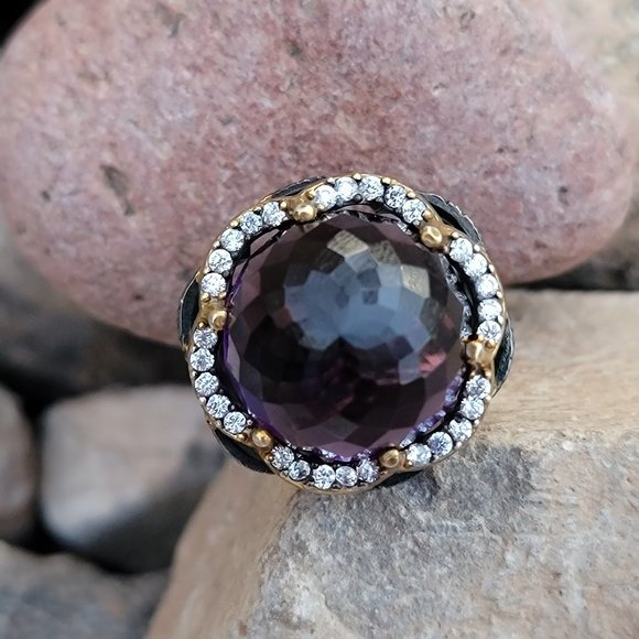 Wow huge chunky cocktail ring with multifaceted amethyst glass orb ornate 925 - Picture 13 of 14